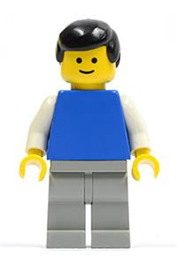 Male Minifigure - Minifigure with plain blue torso and white arms, light gray legs, and black male hair - pln149