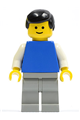 Minifigure with plain blue torso and white arms, light gray legs, and black male hair - pln149