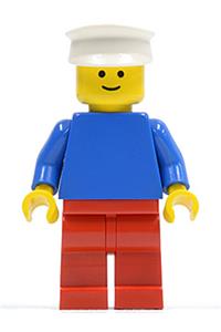Male with Plain Blue Torso - Minifigure with plain blue torso and arms, red legs, wearing a white hat - pln151