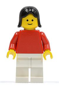 Female Minifigure - Minifigure with red torso and arms, white legs, and black female hair - pln153