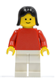 Minifigure with red torso and arms, white legs, and black female hair - pln153