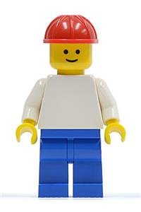 Male Minifigure - Minifigure wearing a red construction helmet, with a plain white torso, white arms, and blue legs - pln154