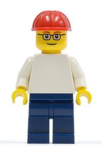 Plain White Torso with White Arms, Dark Blue Legs, Red Construction Helmet, Glasses pln155