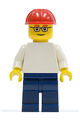 Minifigure with a plain white torso and arms, dark blue legs, wearing a red construction helmet and glasses - pln155