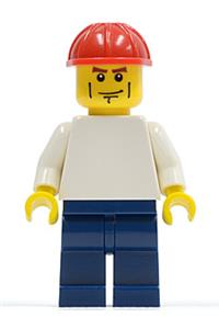 Vestas Worker Minifigure - Minifigure with a plain white torso and arms, dark blue legs, red construction helmet, and vertical cheek lines - pln156