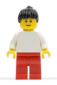 Female Vestas Worker Minifigure - Minifigure with white torso and arms, red legs, and a black ponytail - pln157a