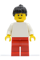 Minifigure with white torso and arms, red legs, and a black ponytail - pln157a