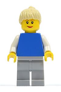 Female Minifigure - Minifigure with a plain blue torso and white arms, light bluish gray legs, and tan ponytail hair - pln158