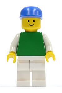 Male Minifigure - Minifigure has a green torso with white arms, white legs, and wears a blue cap - pln159