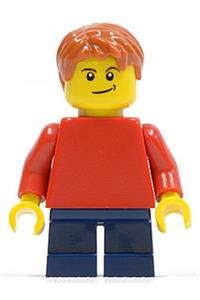 Boy Minifigure - Child minifigure with a plain red torso, red arms, dark blue short legs, and a lopsided smile - pln160