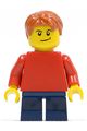 Child minifigure with a plain red torso, red arms, dark blue short legs, and a lopsided smile - pln160