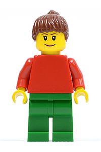 Female with Plain Red Torso - Minifigure with plain red torso and red arms, green legs, reddish brown ponytail hair, and eyebrows - pln163