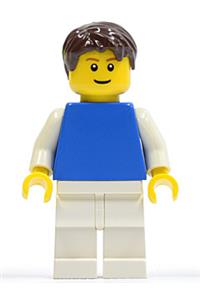 Male Minifigure - Minifigure with plain blue torso, white arms, and legs, featuring dark brown short tousled hair - pln166