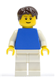 Minifigure with plain blue torso, white arms, and legs, featuring dark brown short tousled hair - pln166