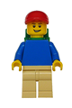 Minifigure with blue torso and arms, tan legs, wearing red short bill cap and backpack - pln167