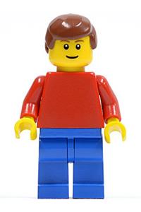 Male with Plain Red Torso - Minifigure with plain red torso, red arms, blue legs, reddish brown male hair, brown eyebrows, and a thin grin - pln168
