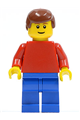 Minifigure with plain red torso, red arms, blue legs, reddish brown male hair, brown eyebrows, and a thin grin - pln168