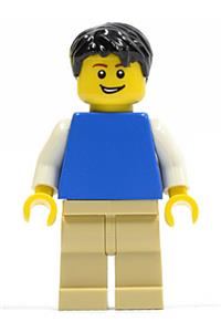 Male with Plain Blue Torso - Minifigure with a plain blue torso featuring white arms, tan legs, and black short tousled hair - pln172