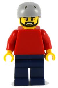 Male with Plain Red Torso - Minifigure with red torso and arms, dark blue legs, sports helmet, and black beard - pln175a