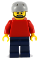 Minifigure with red torso and arms, dark blue legs, sports helmet, and black beard - pln175a
