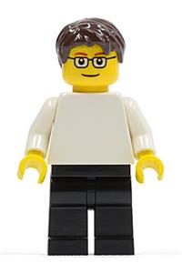 Male Minifigure - Minifigure with plain white torso and arms, wearing black legs, dark brown short tousled hair, and glasses - pln176