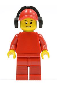 Male with Plain Red Torso - Minifigure with a red torso, arms, and legs, wearing a red cap with a hole and headphones - pln177