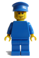 Minifigure wearing plain blue torso with arms, blue legs, blue hat featuring pilot torso sticker - pln178s