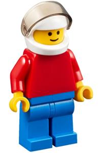 Racer Minifigure - Minifigure with plain red torso and arms, blue legs, white helmet, and a trans-black visor - pln182