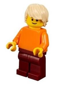 Male Minifigure - Minifigure with plain orange torso and arms, wearing dark red legs and sporting tan tousled hair - pln183