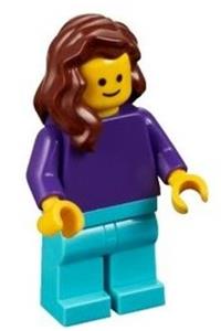 Female Minifigure - Minifigure with plain dark purple torso and arms, medium azure legs, and reddish brown hair over shoulder - pln184