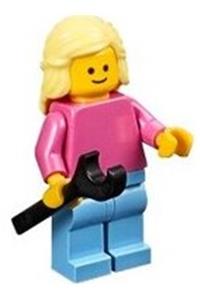 Female Minifigure - Minifigure with a plain dark pink torso and arms, medium blue legs, wearing bright light yellow female mid-length hair - pln185