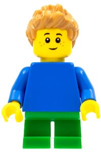 Boy with Blue Torso with Blue Arms - Minifigure with plain blue torso and arms, green short legs, and medium nougat spiky hair - pln191