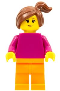 Girl with Magenta Torso with Magenta Arms - Minifigure with a plain magenta torso and arms, orange legs, and a reddish brown side ponytail - pln193