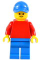 Minifigure with plain red torso and red arms, blue legs, and a blue cap - pln196