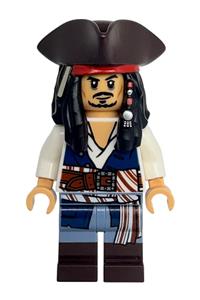 Captain Jack Sparrow Minifigure - Captain Jack Sparrow wearing a white shirt, dark blue plain vest, dark brown boots, and a tricorne - poc044