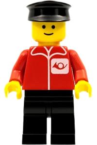 Post Office Worker Minifigure - Minifigure with black legs and a black hat, designed as a postal worker - post001