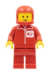 Post Office Worker Minifigure - Minifigure with red legs and a red classic helmet, depicting a post office worker - post002