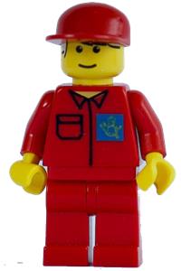 Post Office Worker Minifigure - Minifigure with a red cap and red legs, featuring a post office blue background logo - post003
