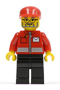 Post Office Worker Minifigure - Post Office White Envelope and Stripe, Black Legs, Red Cap, Beard and Glasses - post006