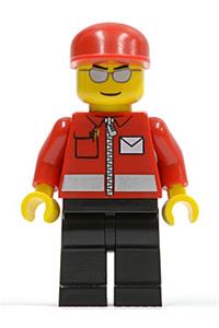 Post Office Worker Minifigure - Minifigure wearing a white envelope and stripe costume with black legs, a red cap, and silver sunglasses - post007