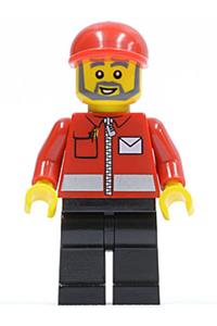 Post Office Worker Minifigure - Minifigure with white envelope and stripe, black legs, wearing a red short bill cap, and a gray beard - post008
