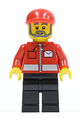 Minifigure with white envelope and stripe, black legs, wearing a red short bill cap, and a gray beard - post008