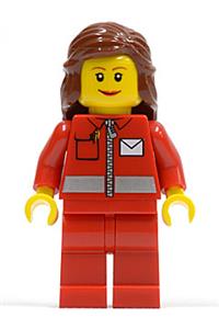 Post Office Worker Minifigure - Female minifigure with reddish brown mid-length hair, wearing a white envelope and stripe post office outfit with red legs - post009