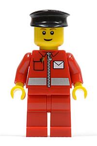 Post Office Worker Minifigure - Minifigure with a white envelope and stripe, wearing a black hat and red legs - post010