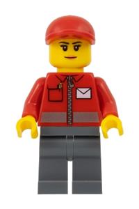 Post Office Worker Minifigure - Minifigure with a white envelope and stripe, wearing a red short bill cap and dark bluish gray legs - post011