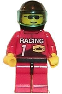 Racing Team 1 Member Minifigure - Member of Racing Team 1 wearing a black helmet with a trans-light blue visor - rac001