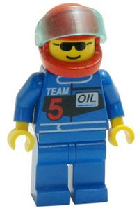 Racing Team 5 Member Minifigure - Member of Racing Team 5 wearing a red helmet with a trans-light blue visor - rac003