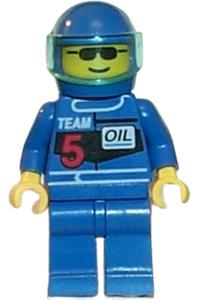 Racing Team 5 Member Minifigure - Member of Racing Team 5 wearing a blue helmet with a trans-light blue visor - rac004