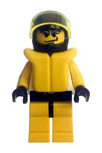 Racer Minifigure - A driver with a yellow tiger motif wearing an underwater helmet - rac008