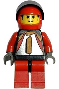 Racer Driver Minifigure - Driver of car 84, wearing a red and black racer suit with a red flame helmet - rac016